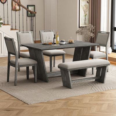 6-Piece Retro Dining Set, 1 Rectangular Table with Stable Trapezoidal Table Base and 4 Upholstered Chairs and 1 Bench for Dining Room and Kitchen (Gray#127)