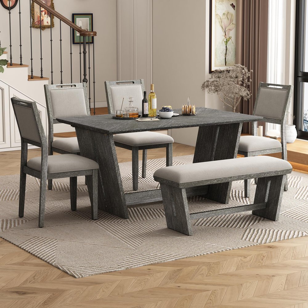 6-Piece Retro Dining Set, 1 Rectangular Table with Stable Trapezoidal Table Base and 4 Upholstered Chairs and 1 Bench for Dining Room and Kitchen (Gray#127)