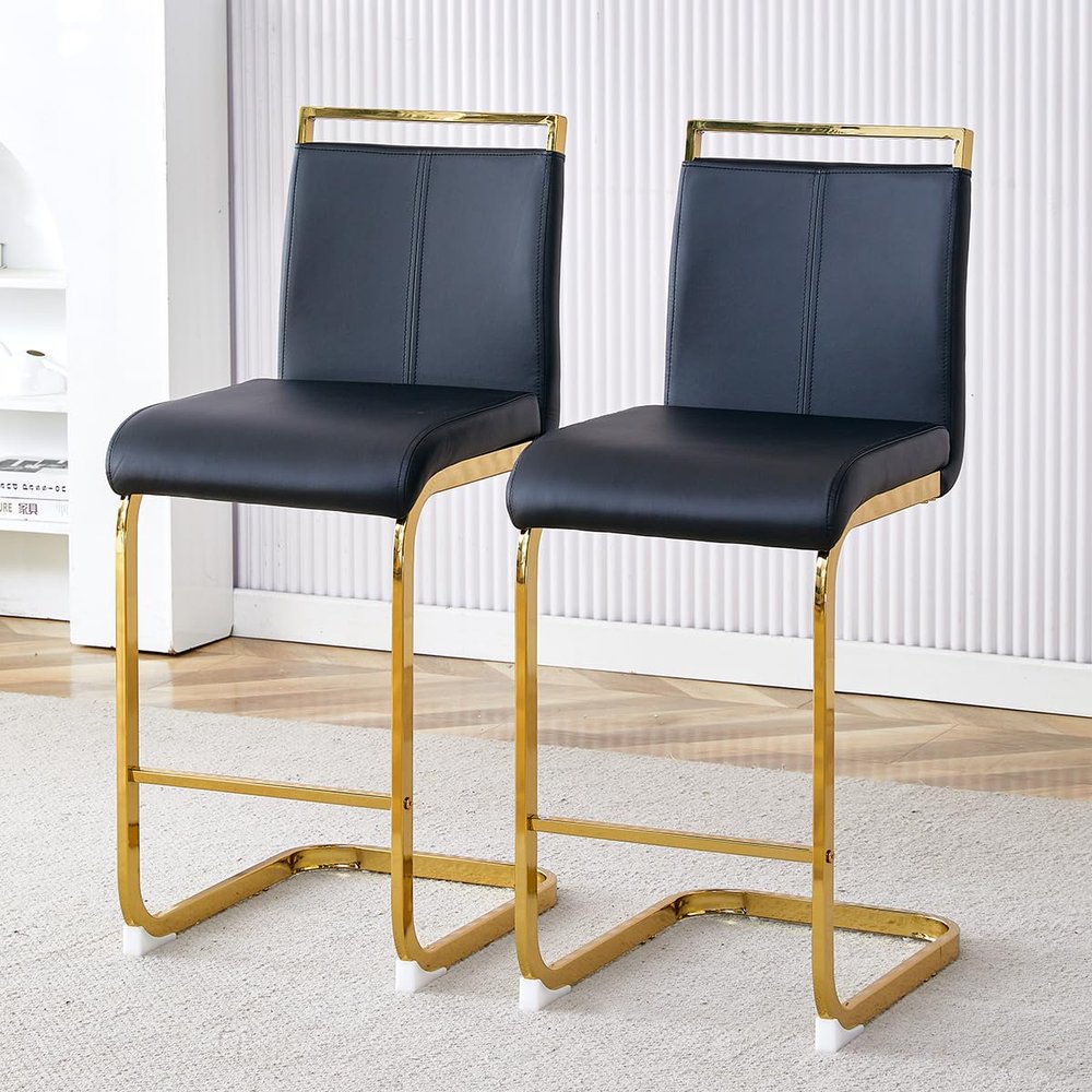 Rejeke Bar Stools Set of 2,25" Counter Height Bar Stools,Gold Bar Stool with Soft Faux Leather Backrest & Sturdy Metal Footrest,Black Bar Height Stools for Kitchen Island Pub Home