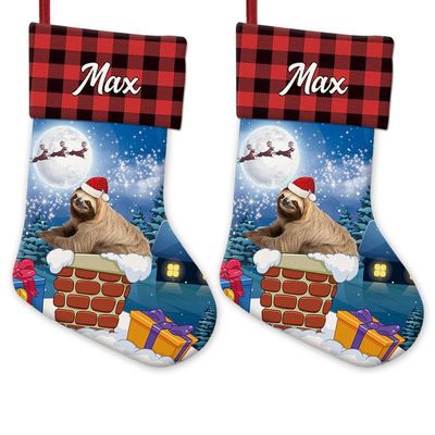 GUGLILI Funny Sloth & Bradypod Stay in The Chimney Christmas Stocking Red Bufflo Plaid Custom Stockings Holiday Xmas Christmas Decorations for Family Friend 14 Inch 2 Pack