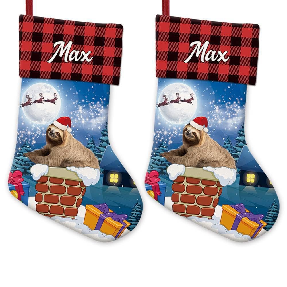 GUGLILI Funny Sloth & Bradypod Stay in The Chimney Christmas Stocking Red Bufflo Plaid Custom Stockings Holiday Xmas Christmas Decorations for Family Friend 14 Inch 2 Pack
