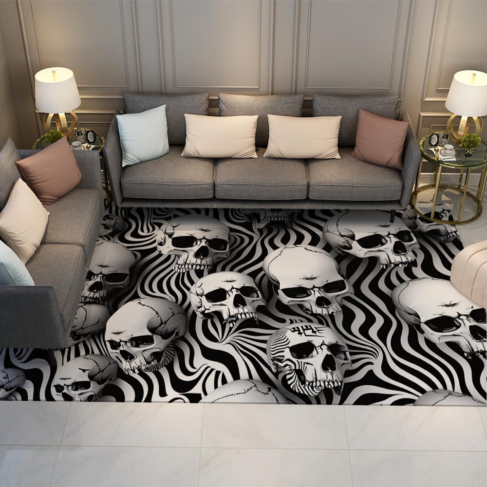 Black and White Rug 3D Illusion Rug Skeleton Throw Rug Horror Themed Room Decoration Small Carpet Rug Washable Door Mats Indoor 2'x3'