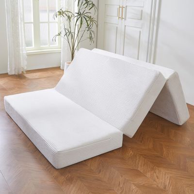BYBYME Tri-Folding Corduroy Mattress, 6 Inches Gel Folding Mattress Topper, Foldable Soft Guest Bed Camping Pad, Washable Cover (Beige, Full)