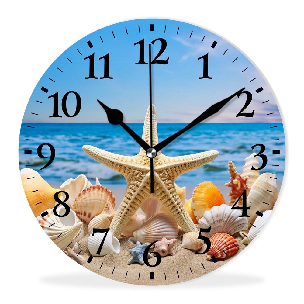 Kyvita Non-Ticking Sweep Movement Wall Clock Battery Operated Analog Wall Clocks Decorative for Bedroom-Beach Paintings of Shells and Starfish with The Blue Sea(14inch)