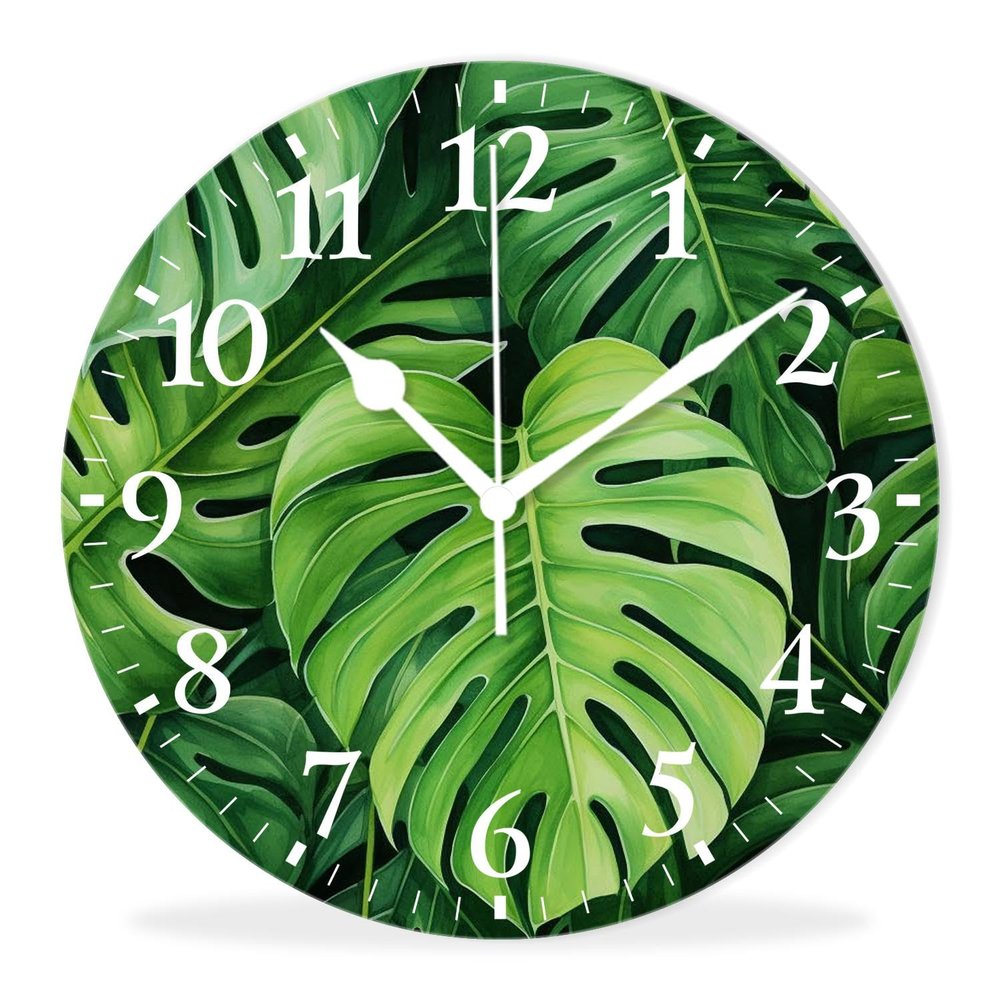 Kyvita Battery Operated Quartz Wall Clocks Non-Ticking Silent Modern Wall Clocks Decorative for Office-Lush Tropical Leaf Palm Tree with Green Leaves(10inch)
