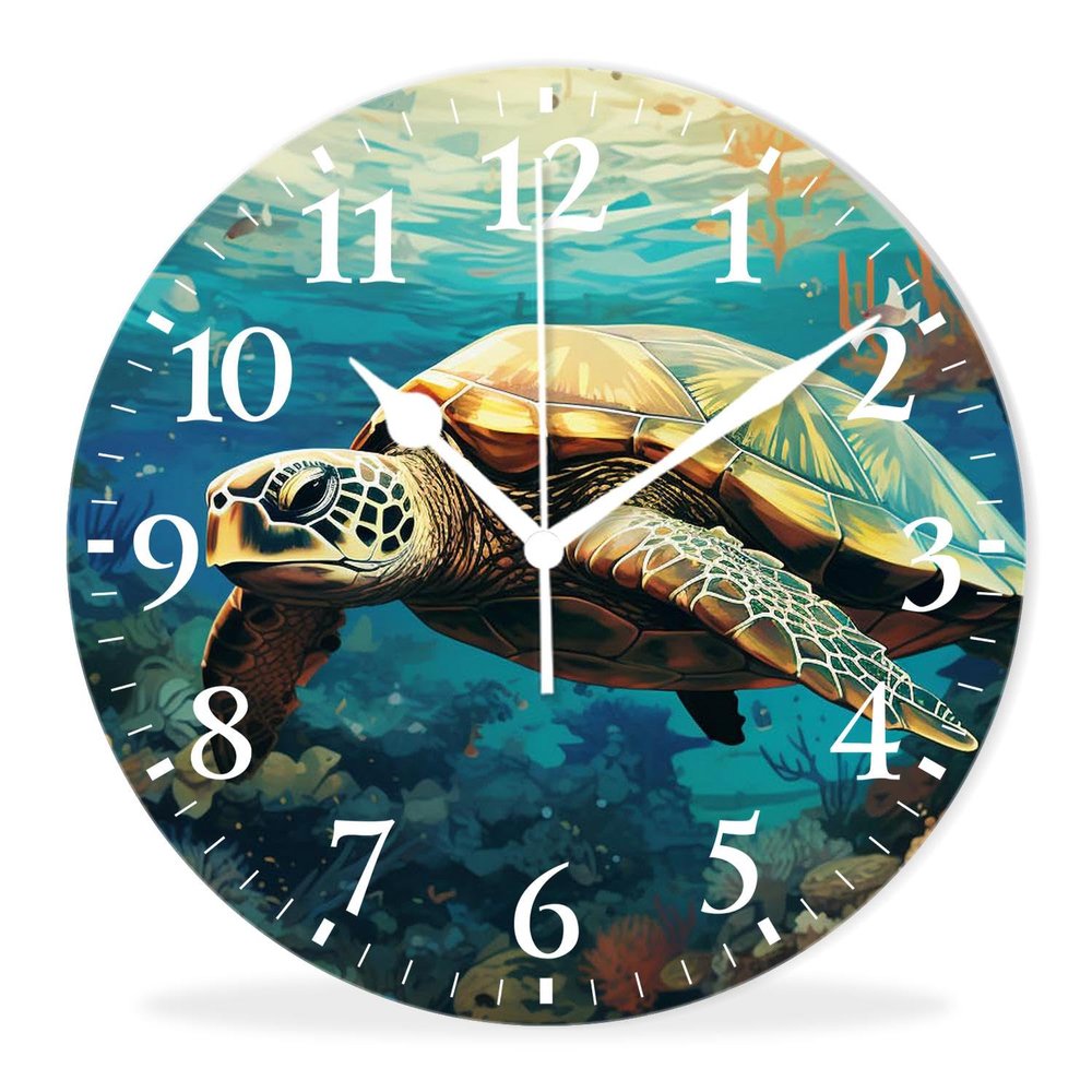 Kyvita Non-Ticking Silent Wall Clocks Battery Operated Personalized Decor Clock with Photo for Bathroom-Green Sea Turtle Swim in The Sea(14inch)