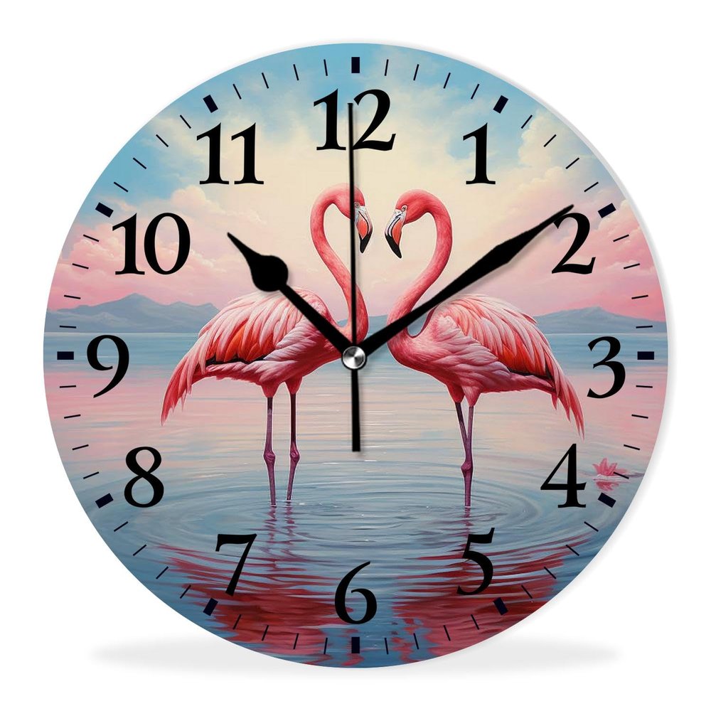 Kyvita Modern Wall Clock Silent Non-Ticking Clock Quartz Battery Operated Analog Clock Decorative for Living Room-Flamingos Form Hearts on The Lake(12inch)