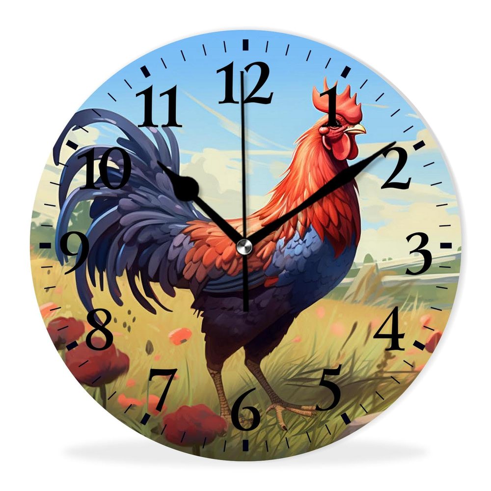 Kyvita Modern Wall Clock Silent Non-Ticking Clock Quartz Battery Operated Analog Clock Decorative for Living Room-Farmhouse Rooster in The Grass(14inch)