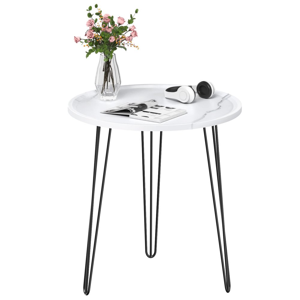 GizmoSynth Patio Table, 23.62" Small Round Coffee Table, Home Apartment Dining Desk, Living Room Window Coffee Tables with Marble Pattern and Iron Frame