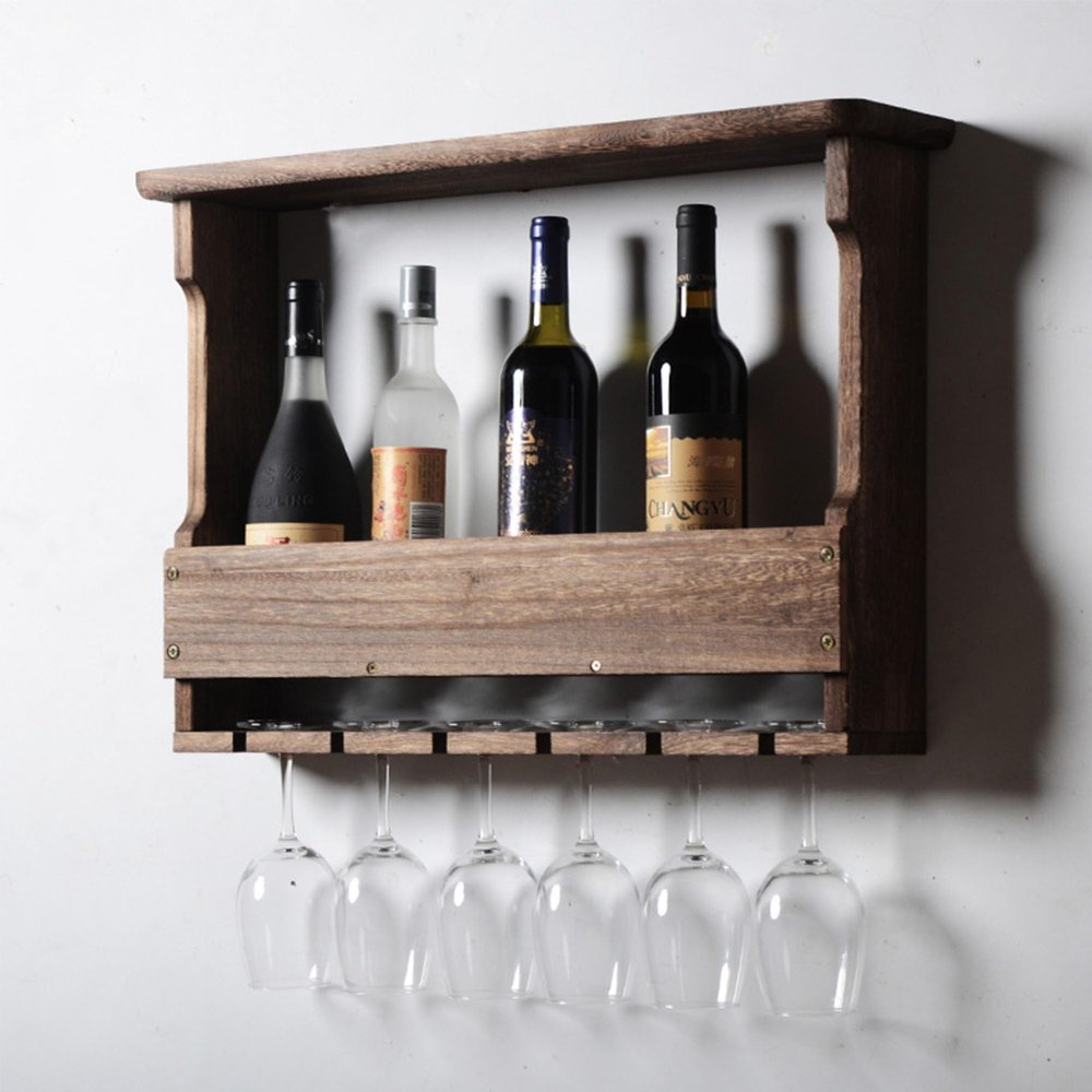 Small Wine Rack Wall Mounted Bar Shelves Wine Rack Liquor Bottle Display Shelf with Hanging Wine Glass Rack Holder Liquor Cabinet Bar Kitchen Wall Shelf for Home Bar Dining Room Kitchen(Dark color)
