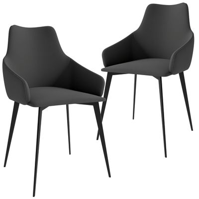 LeisureMod Dining Chair Ergonomic Armchairs Upholstered in Leather with Powder-Coated Iron Legs for Modern Home and Kitchen Sonnet Collection Set of 2 in Grey