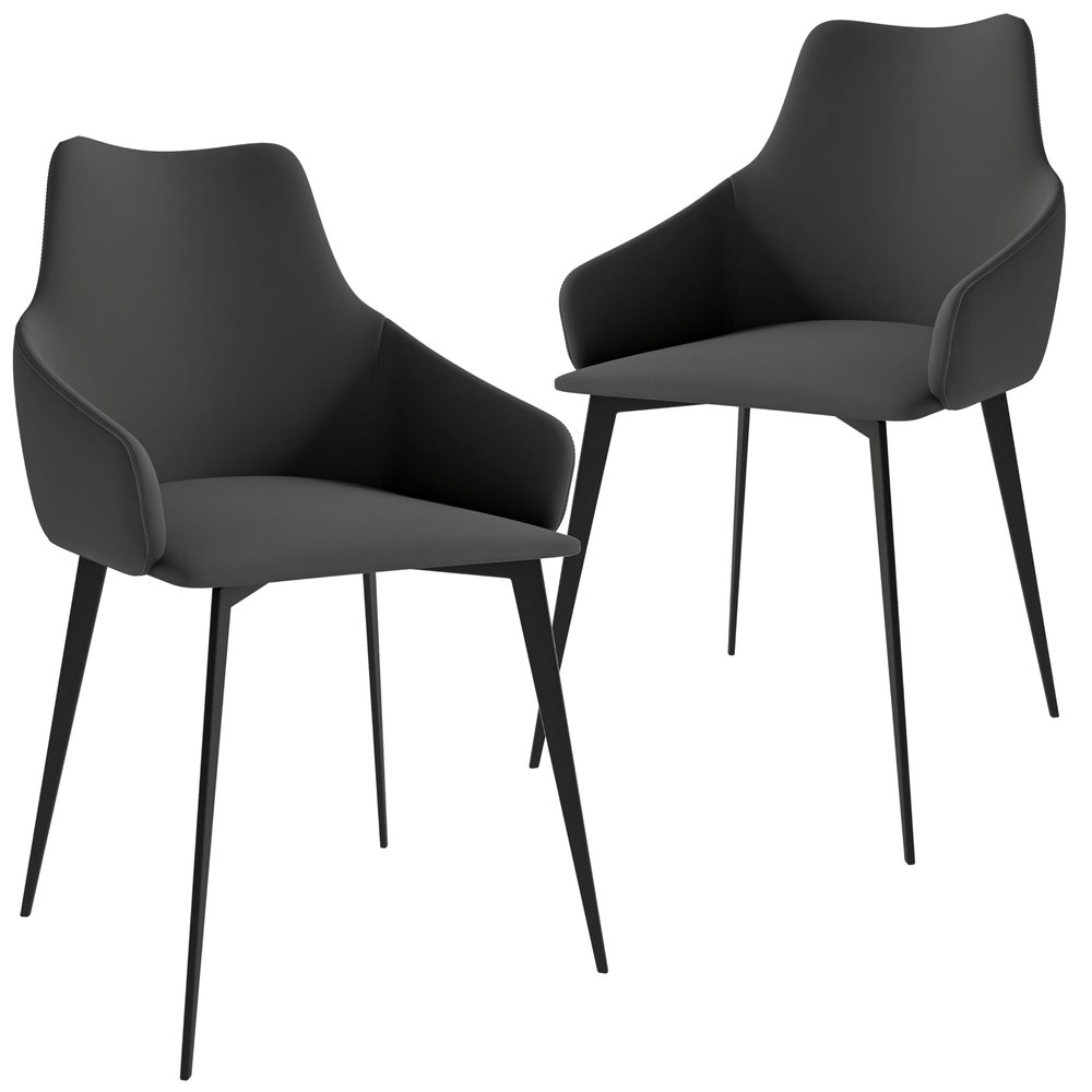 LeisureMod Dining Chair Ergonomic Armchairs Upholstered in Leather with Powder-Coated Iron Legs for Modern Home and Kitchen Sonnet Collection Set of 2 in Grey
