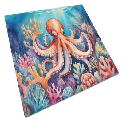 Caroline's Treasures Octopus Among Coral Glass Cutting Board Decorative Tempered Glass Kitchen Cutting and Serving Board Large Size Chopping Board