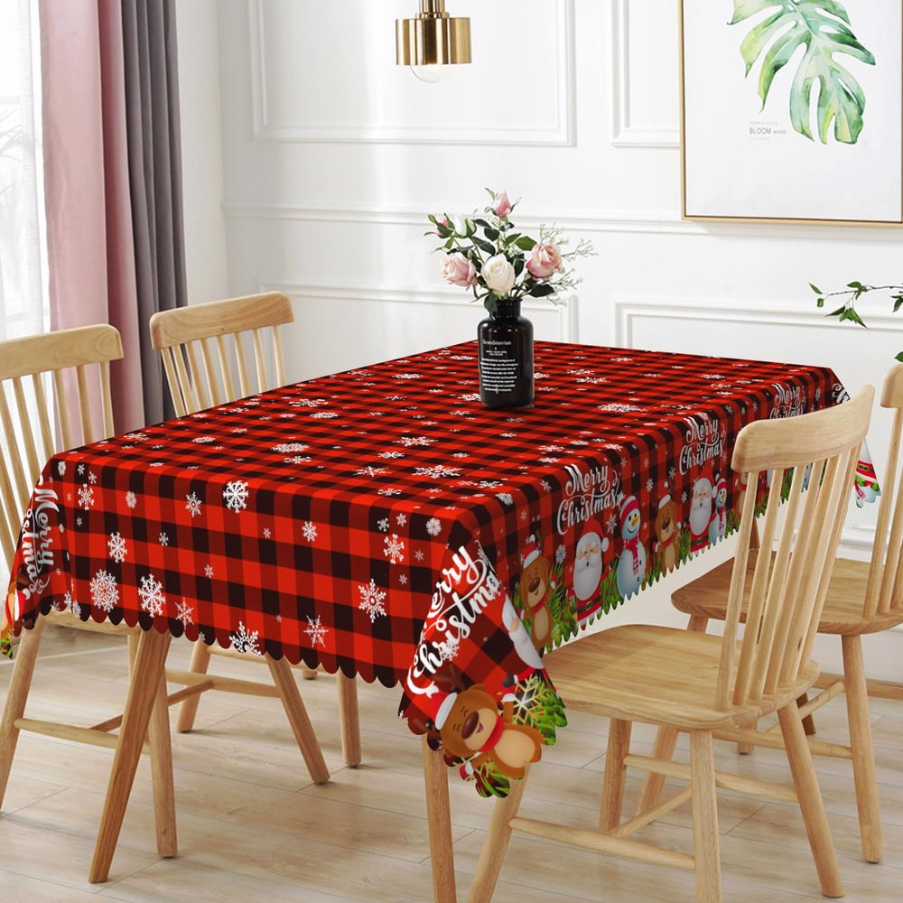 Laeacco 60x102 inch Christmas Tablecloth Red Black Plaid Table Cloth Xmas Santa Claus Snowman Elk Rectangle Tablecloth Washable Wrinkle Free Table Cover for Xmas New Year Kitchen Dining Room Decor