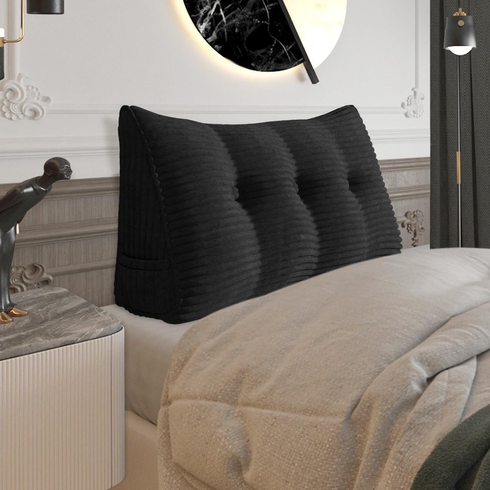 Fully Stuffed Thicken Headboard Pillow Twin Padded Headboard Soft and Firm Support Large Bolster Triangular Bed Wedge Pillow Backrest Positioning Bed Rest Reading Pillows for Bed Corduroy Black