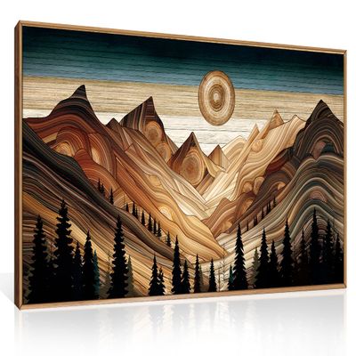 HLNIUC Large Mountain Wall Art, Tree Ring Wood Nature 40"x20" Framed Wall Decor, Rustic Desert Canvas Painting, Brown Abstract Landscape Art Print for Living Room, Bedroom, Office
