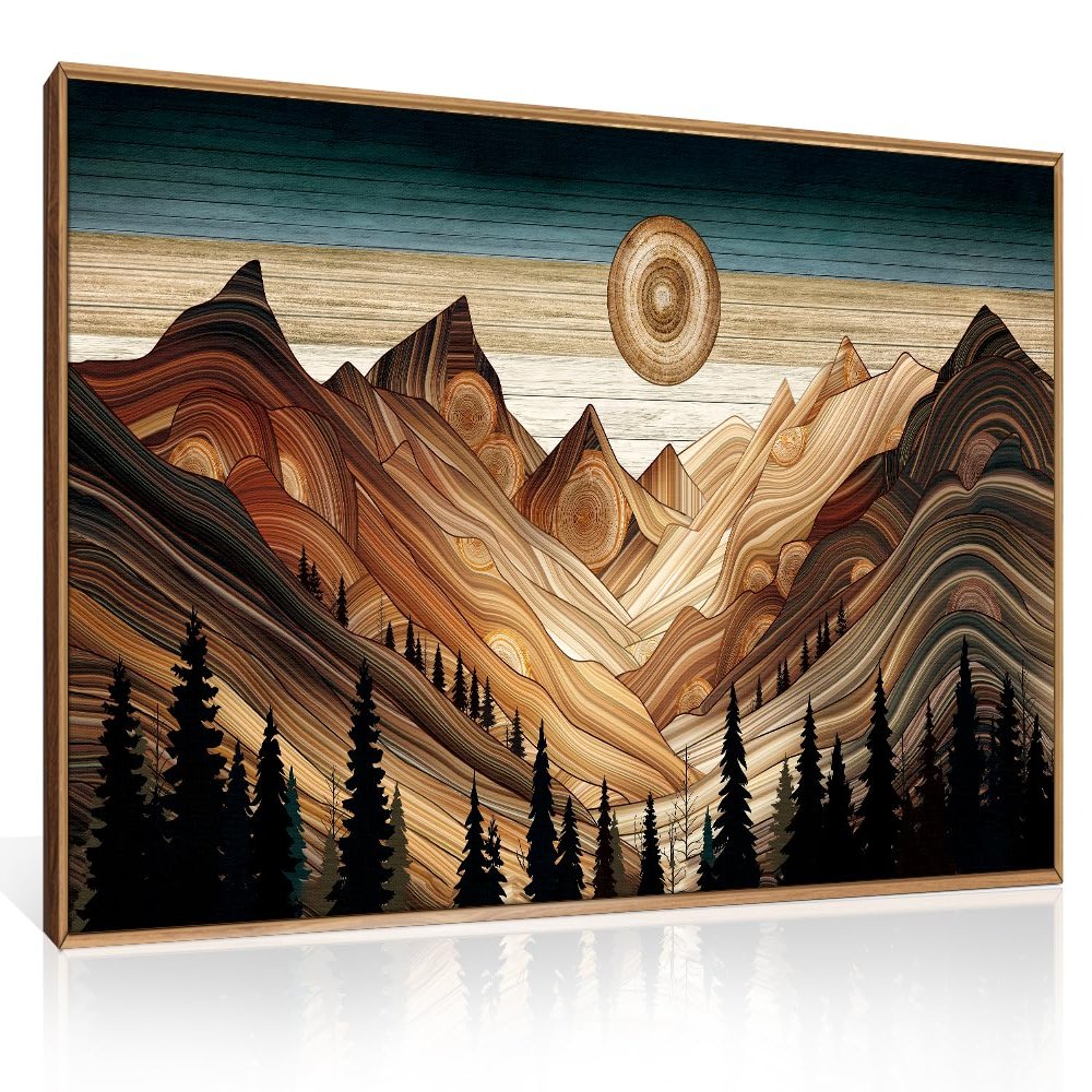 HLNIUC Large Mountain Wall Art, Tree Ring Wood Nature 40"x20" Framed Wall Decor, Rustic Desert Canvas Painting, Brown Abstract Landscape Art Print for Living Room, Bedroom, Office