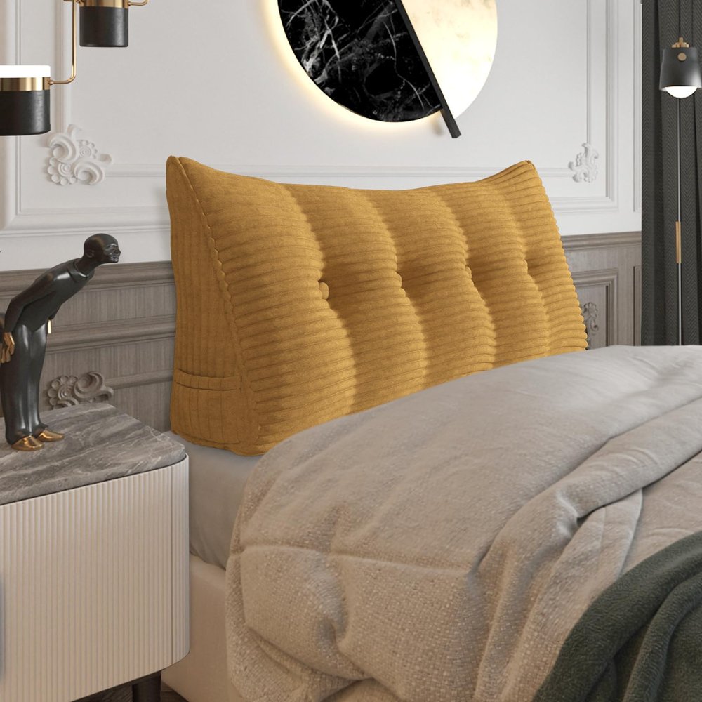 Fully Stuffed Thicken Headboard Pillow Full Padded Headboard Soft and Firm Support Large Bolster Triangular Bed Wedge Pillow Backrest Positioning Bed Rest Reading Pillows for Bed Corduroy Camel