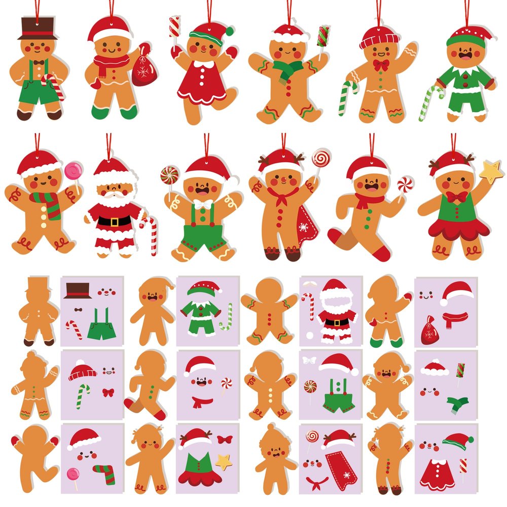 72 Pcs Christmas Ornament Crafts Make Your Own Gingerbread Man Ornament Kit DIY Christmas Cutouts with Gingerbread Cookies Man Crafts Stickers for Tree Home Classroom Holiday Party Supplies