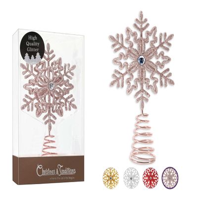 Christmas Traditions 5 inch Glittered Filigree Christmas Star Snowflake Tree Topper Star for Small/Mini X'Mas Tree/Home Decor/Christmas Table/Shelf Ornaments (Rose Gold)