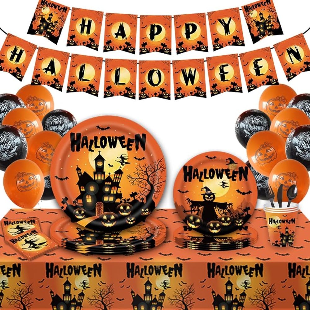 Smart Rice Kids party 114 Pieces Halloween Pumpkin Ghost Tableware Party Supplies - Disposable Dinnerware Set with Paper Plates, Napkins, Forks for Spooky Halloween , Birthday Decorations(Orange)