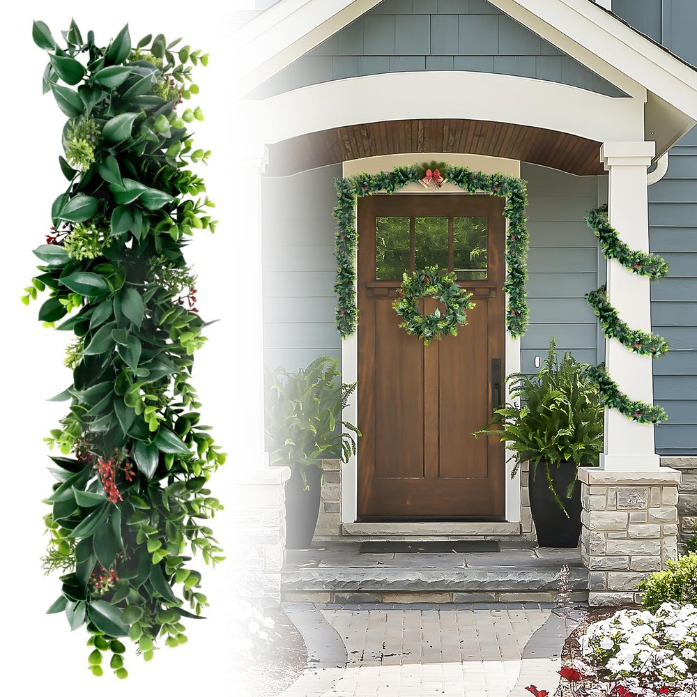 DAWNOVO 26 PCS Artificial Plant Greenery Garland Faux Leaf Garland Hanging Plants for Wedding Arch Wall Table Party Indoor Outdoor Festival Decor (Dark Green Red)