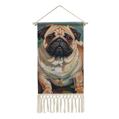 QWJKM Cotton And Linen Hanging Posters with Tassels Cute Bago Dog Oil Painting Tapestry Wooden Frame Poster Hanger Tapestries Wall Art Poster with Picture for Living Room Office Decor
