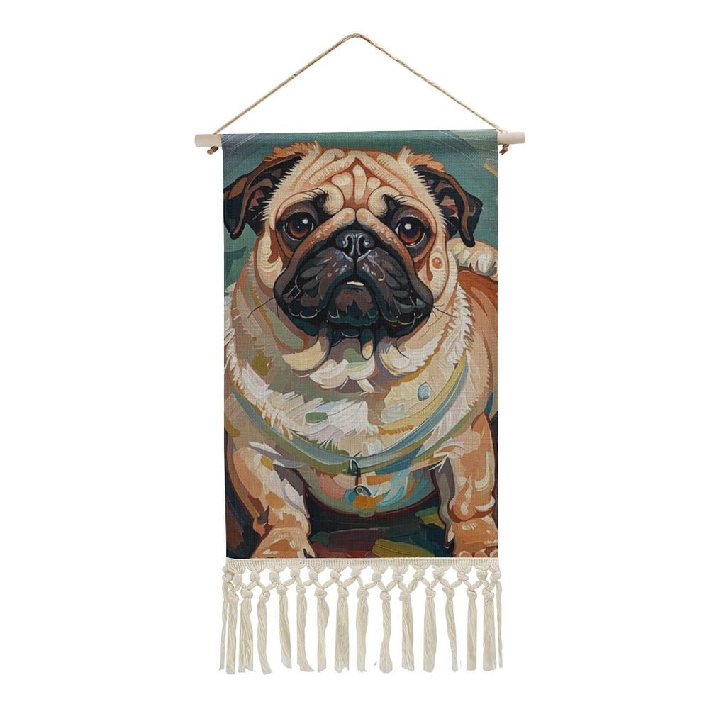 QWJKM Cotton And Linen Hanging Posters with Tassels Cute Bago Dog Oil Painting Tapestry Wooden Frame Poster Hanger Tapestries Wall Art Poster with Picture for Living Room Office Decor