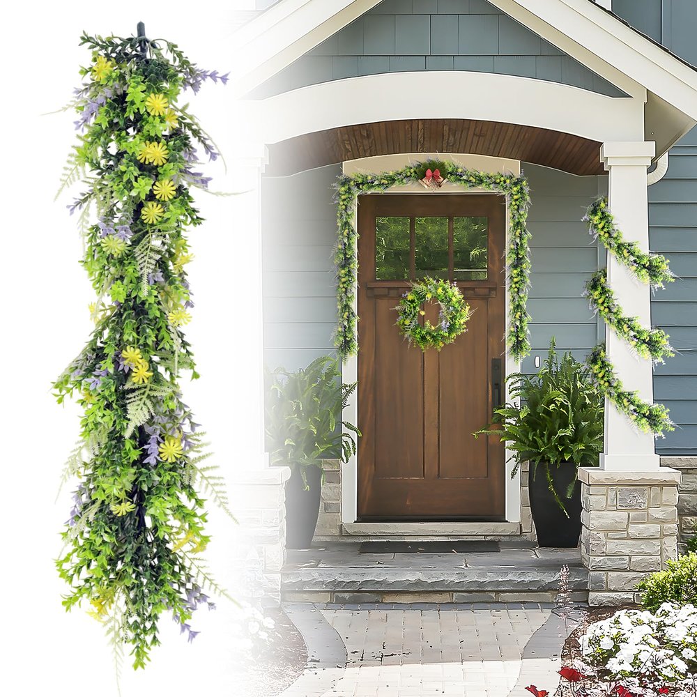 DAWNOVO 28 PCS Artificial Plant Greenery Garland Faux Leaf Garland Hanging Plants for Wedding Arch Wall Table Party Indoor Outdoor Festival Decor (Green Yellow Purple)