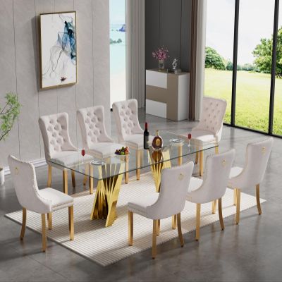 9 Piece Glass Dining Table Set with 8 Fabric Dining Chairs,Kitchen Table and Chairs Set for 8, 70'' Luxury Dining Room Table with Gold Stainless Steel Base,Tempered Glass Top Dining Table Set for 8