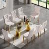 9 Piece Glass Dining Table Set with 8 Fabric Dining Chairs,Kitchen Table and Chairs Set for 8, 70'' Luxury Dining Room Table with Gold Stainless Steel Base,Tempered Glass Top Dining Table Set for 8 view 2