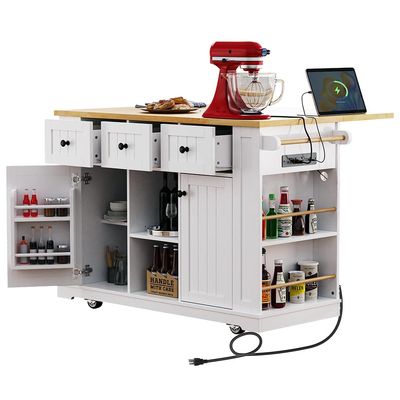 Bennbari Rolling Kitchen Island with Storage, Kitchen Cart on Wheels with Drop Leaf, Mobile Kitchen Storage Cart with Power Outlet, Open Side Racks, 53 Inch Width, Three Drawers (White)