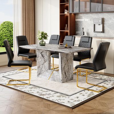 Vohuai 63'' Faux Marble Dining Table Set for 6Ideal for Kitchen Dining RoomModern Dining Room SetGrey Rectaugular Kitchen Table Chairs SetU-Shaped BaseEasy AssemblyMinimalism