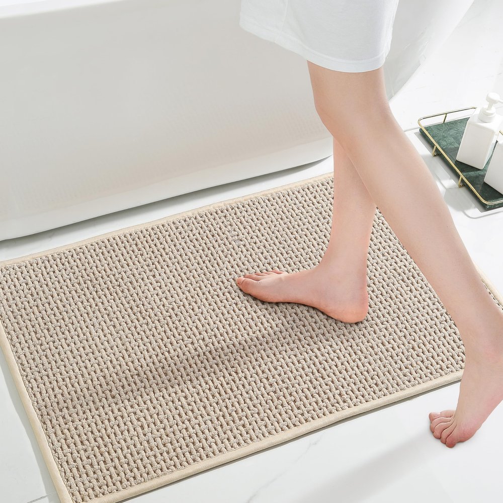 Bathroom Rug Beige Bath Mat: 24x36 Chenille Non Slip Washable Absorbent Bathmat Small Soft Thin Quick Dry Shower Carpet for Bathroom Floor Tub and Restroom