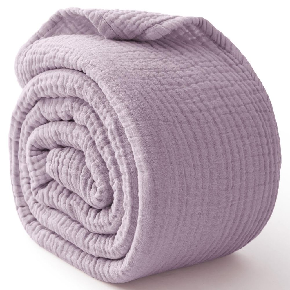 100% Cotton Muslin Blanket for Adults, 6-Layer King Throw, 108x90, Lavender
