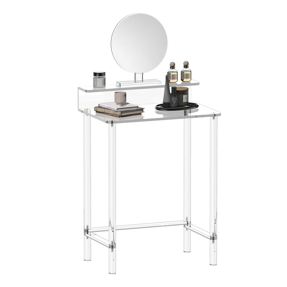 Eglaf Acrylic Small Vanity with Mirror - 23.6'' L x 15.8'' W x 33.9'' H - Modern Makeup Vanity Desk for Small Spaces - Clear Makeup Table Dressing Table, for Bedroom, Cloakroom