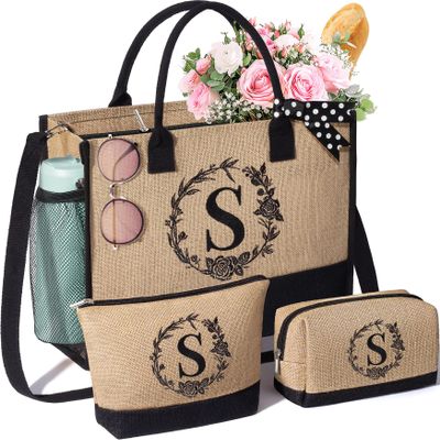 Personalized Birthday Gifts for Women, Monogrammed Initial Jute Tote Bags