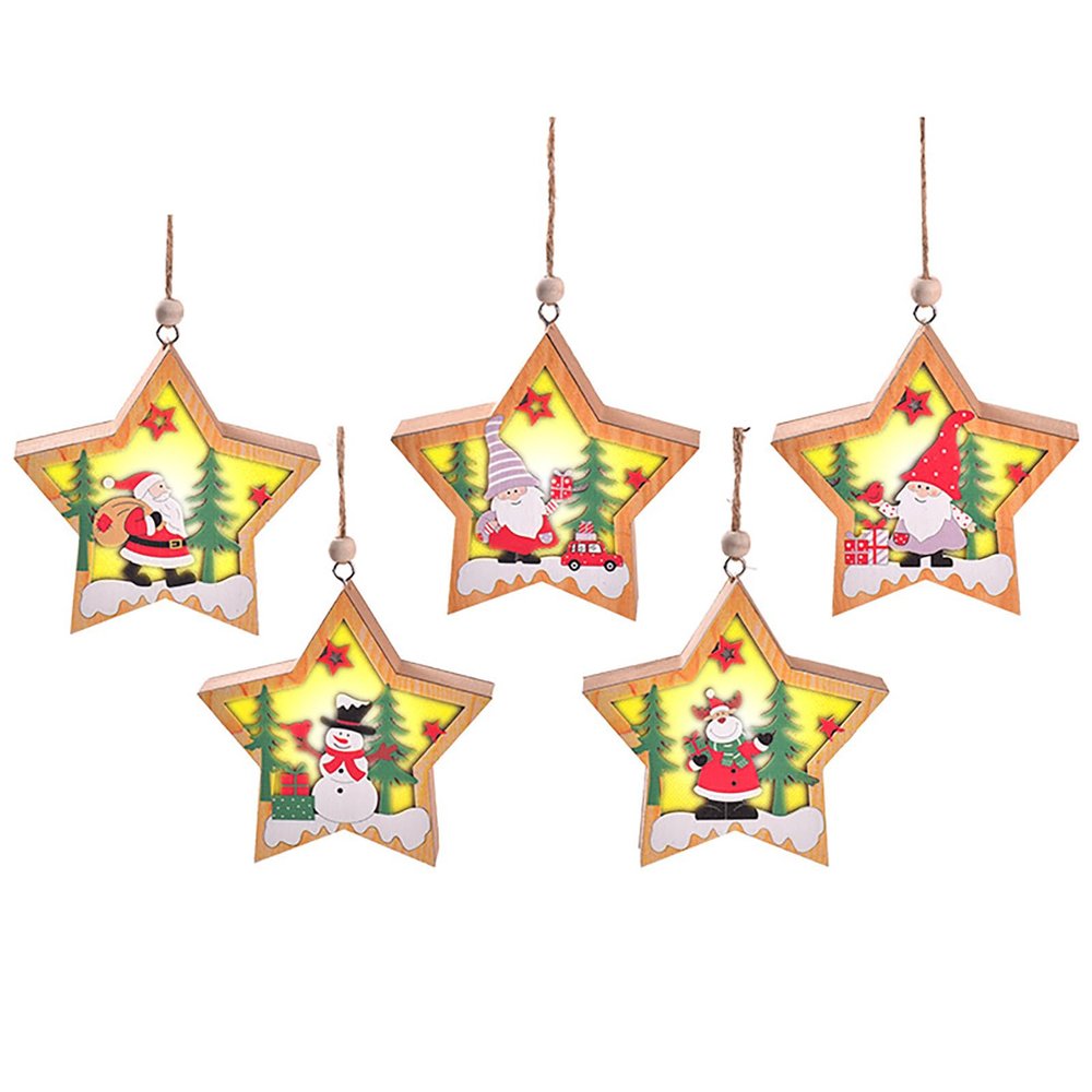 5PCS LED Light up Christmas Wooden Ornaments Star Tree Santa Snowman Luminous Christmas Tree Hanging Ornaments Table Top Wood Christmas Decor Night Light for Xmas Holiday