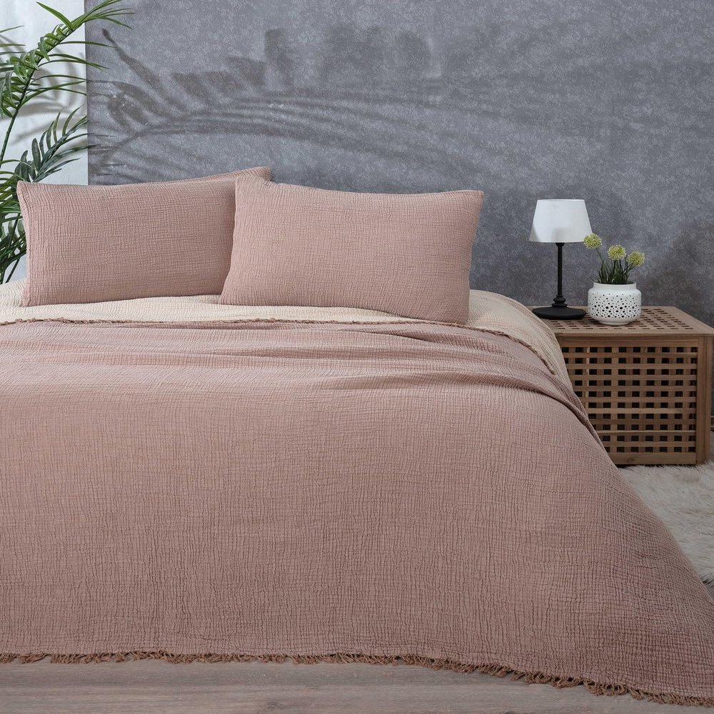 SUSSEXHOME Muslin Blanket 4 Layers, Soft Bedspread, 100% Turkish Cotton Muslin Bed Cover, Reversible Coverlet, Brown, 91x95 inches, Queen Size