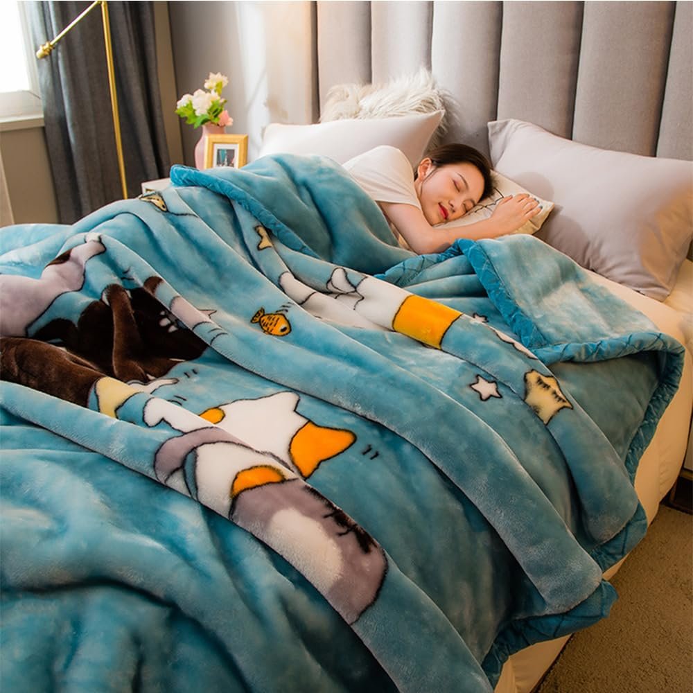Korean Faux Mink Blanket Plush Blanket Twin Queen King Size,8 Pounds Heavy Fleece Blanket Silky Soft Warm 2 Ply Cat Family Blue Throw A&B Printed Raschel Bed Blanket,W,71" x 87"/180x220cm