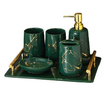 IGZVMBO Marble Texture Bathroom Accessory Set Gorgeous Soap Dispenser Green-Tray Toothbrush Holder Tumbler for Bathroom Counter Pump Bottle