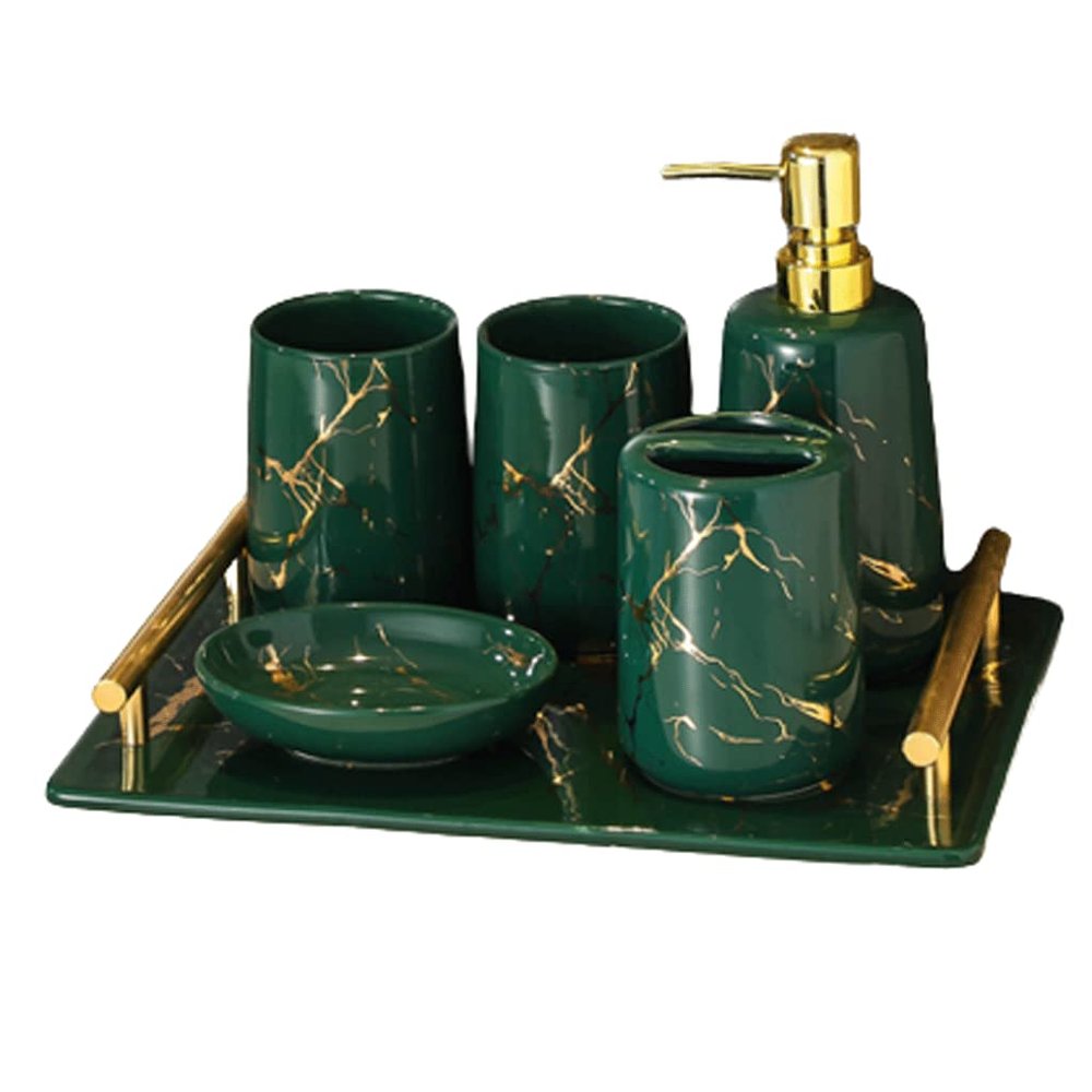 IGZVMBO Marble Texture Bathroom Accessory Set Gorgeous Soap Dispenser Green-Tray Toothbrush Holder Tumbler for Bathroom Counter Pump Bottle