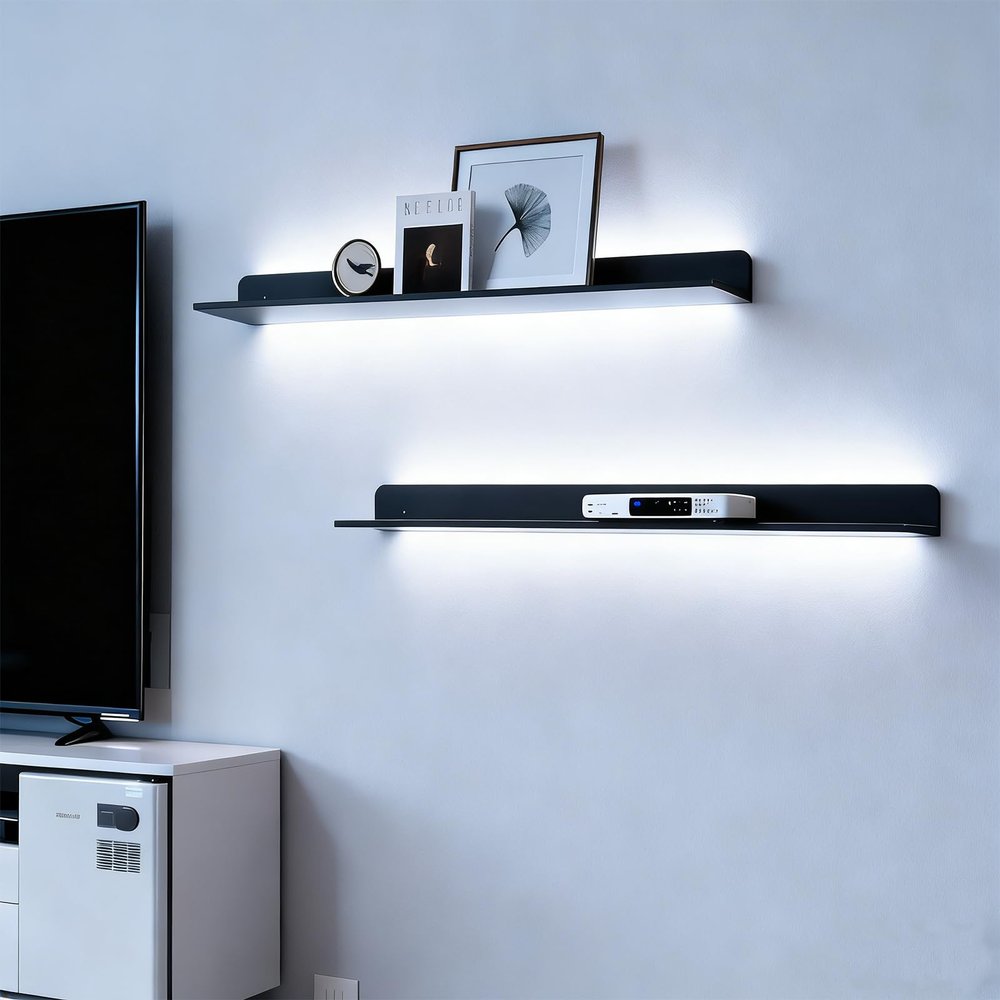Metal Wall Mounted Floating Shelves with Led Lights Set of 2, Hanging Display Rack for Livingroom Kitchen Bathroom, Built-in Illuminated Led Light Display Shelf