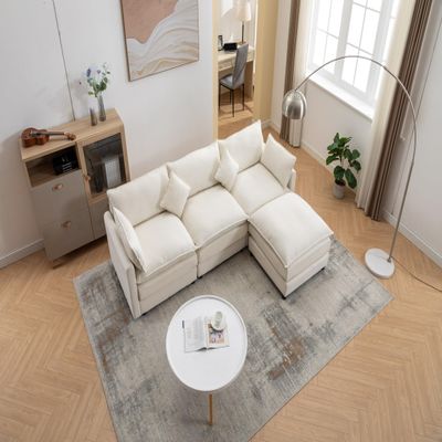 Oversized Modular Sectional Sofa, Comfy Sectional Couch, Deep Seat Sofa Couch with Ottoman, Modern Chenille L Shaped Sofa 3 Seater, Cloud Couch for Living Room Apartment Bedroom (White)