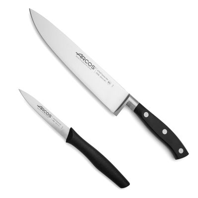 Arcos 2-Piece Precision Knife Set - Ultra-Sharp 8-Inch Chef's Knife & 3-Inch Paring Knife, Spanish Engineered with Over 290 Years of Expertise, Ergonomic Black POM Handle, 10-Year Warranty