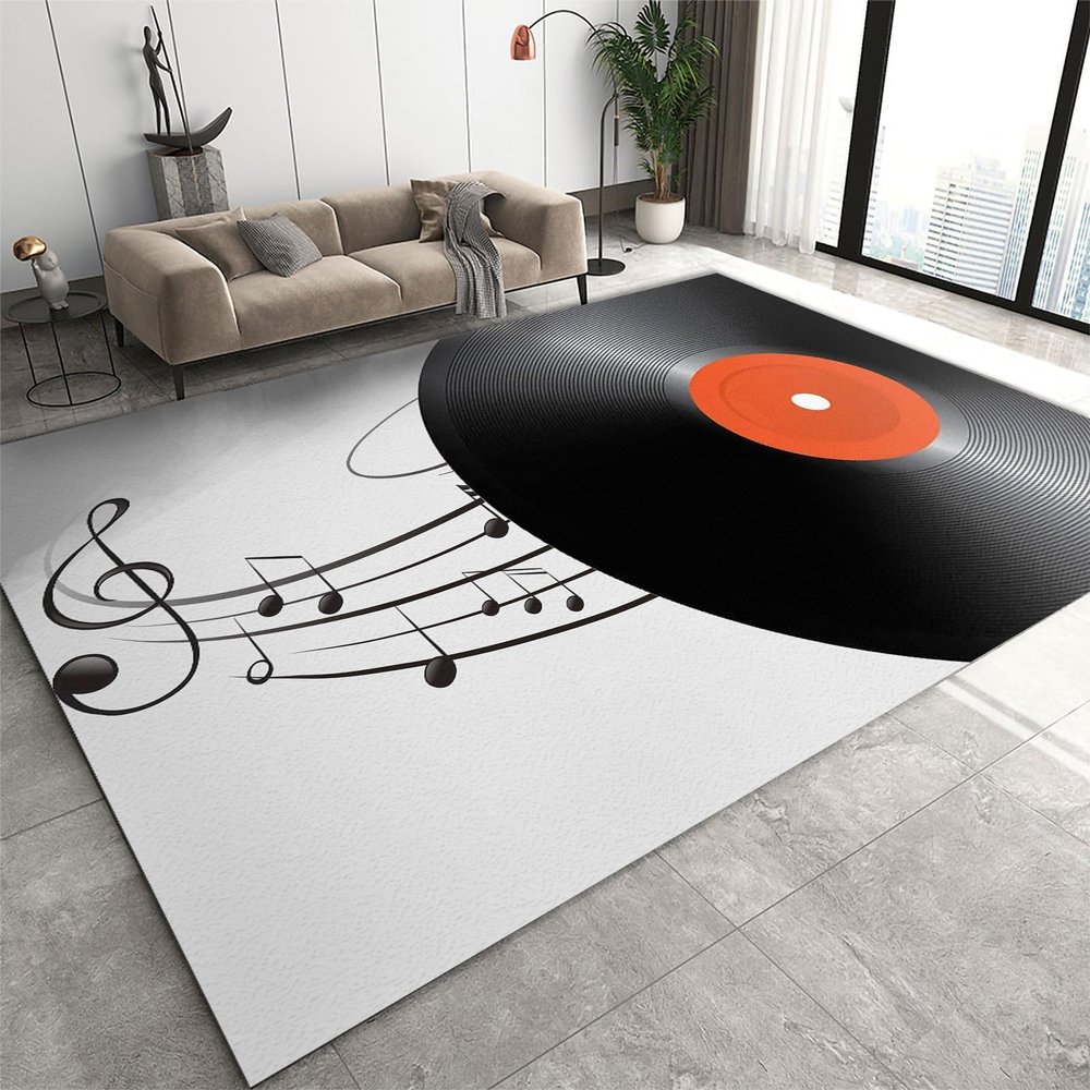 Black Music Record Area Rug, Black and White Music Symbol Melody Soft Washable Carpet, Upholstery Rug with Non-Slip Backing for Kids Boys Girls Bedroom Living Room Dining Room Study 5x6 ft