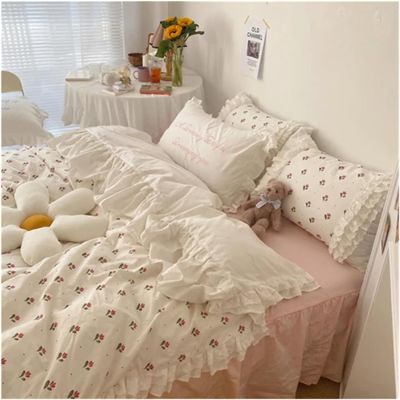 4 Piece Bedding Set, V-Intage Ruffle Lace Bedding Set Queen Size Bedroom Set Sheet Printed Duvet Cover Bed Sheets and Pillowcases Princess Bed Linen(Flower,King)