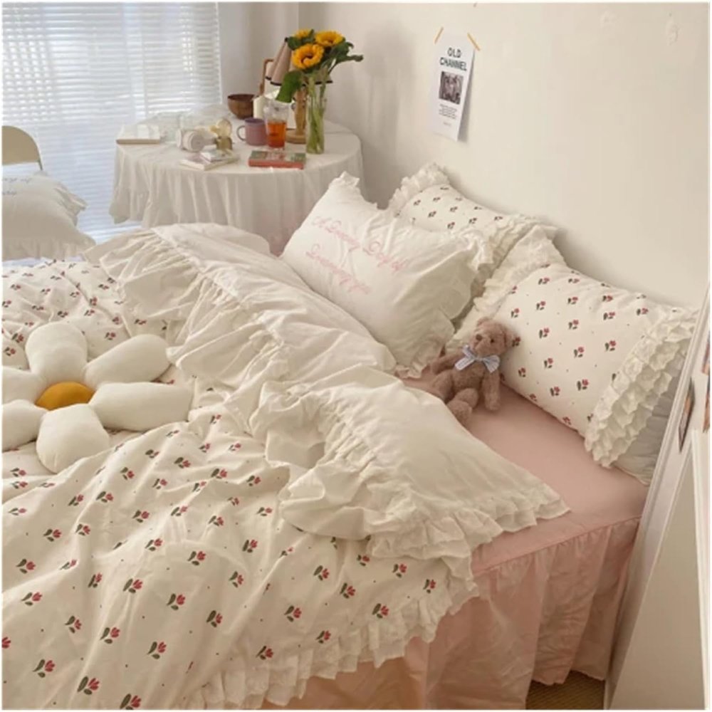 4 Piece Bedding Set, V-Intage Ruffle Lace Bedding Set Queen Size Bedroom Set Sheet Printed Duvet Cover Bed Sheets and Pillowcases Princess Bed Linen(Flower,King)