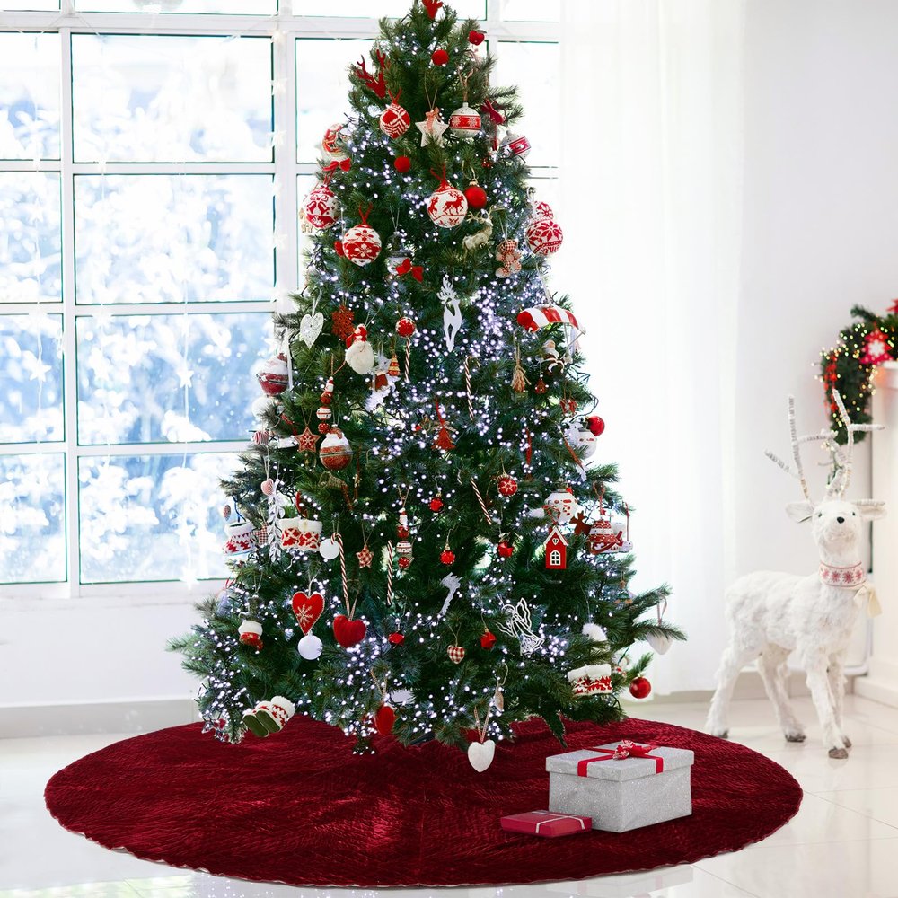 Vertintong 84 Inch Large Christmas Tree Skirt Deluxe Red Velvet Christmas Tree Skirt with Quilted Cuff for 12ft Xmas Home Winter Holiday Party Decorations (Burgundy)