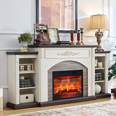 Electric Fireplace with Mantel, Fireplace TV Stand for TVs Up to 80 Inch, 72" White Entertainment Center with Storage for Bedroom,23'' Red Brick Fireplace Insert Heater with LED Flame for Living Room